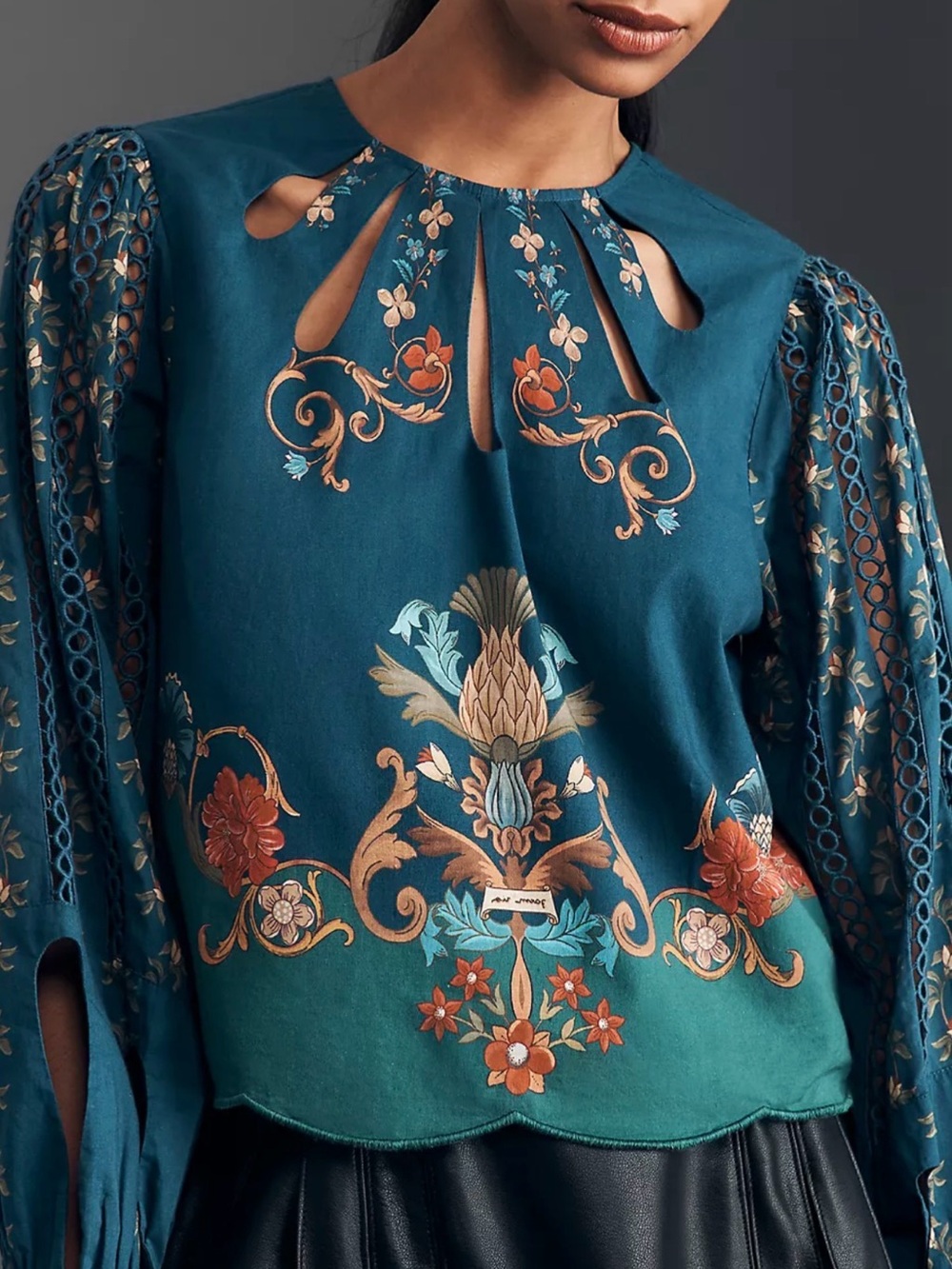Farm rio anthropologie Floral Cutout Long-Sleeve Top